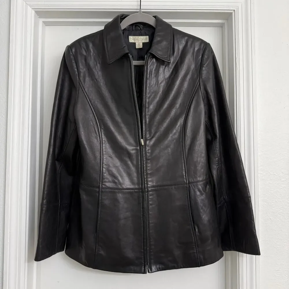 Vintage Y2K Casual Corner Full Zip Genuine Leather Jacket Minimalist Black Sz M